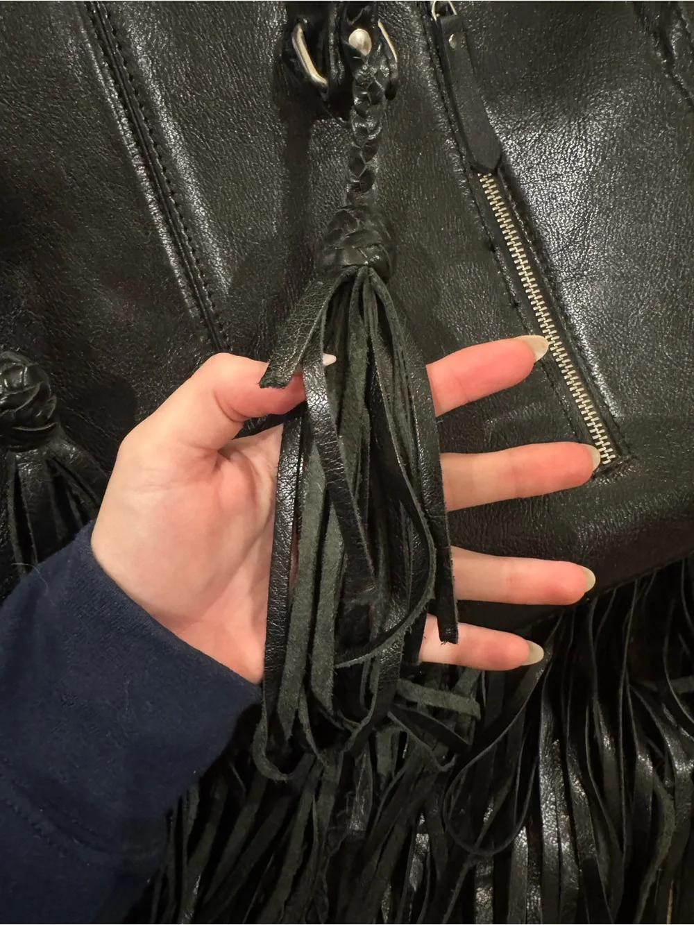 Fringed Western Leather Tote with Turquoise Accent - Black & Brown